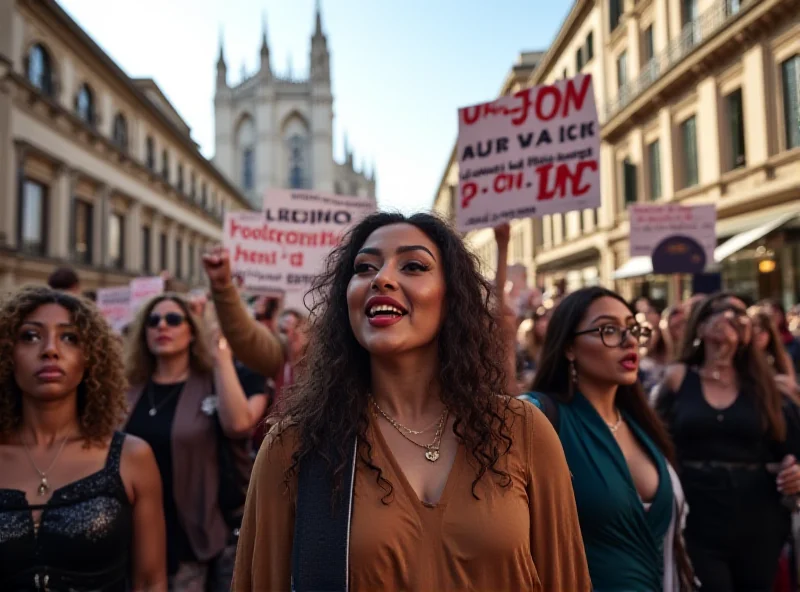 A large group of diverse women marching in a city square holding signs and banners, expressing feminist slogans and demands.