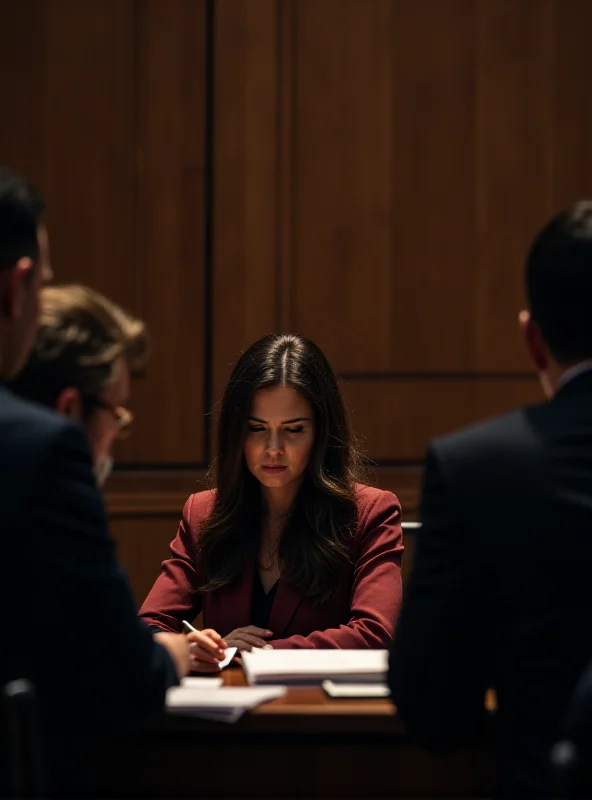 A courtroom scene with a woman in the defendant's box looking distressed, a judge presiding over the case, and lawyers presenting arguments.