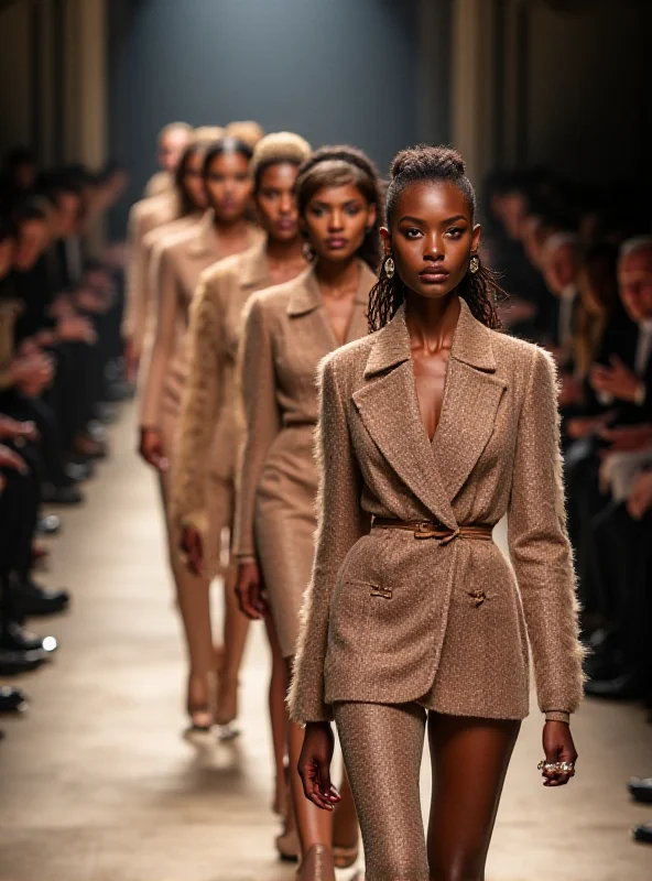 A group of models walking the runway at a Fendi fashion show. The background is blurred, but the focus is on the intricate details of the clothing and accessories.