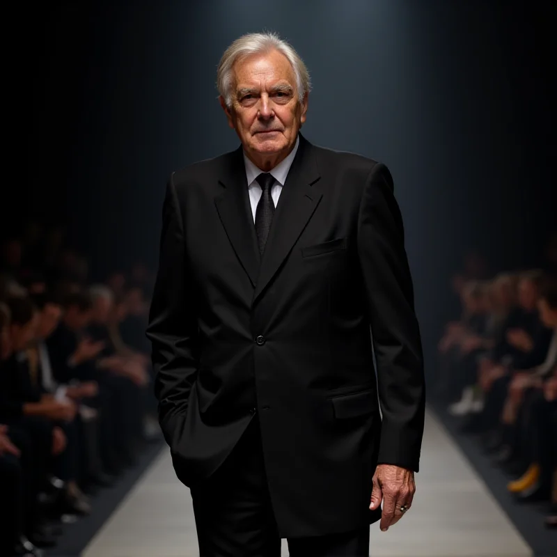 Giorgio Armani standing on a runway, taking a bow after a fashion show. He is wearing a dark suit and has a calm and confident expression on his face.