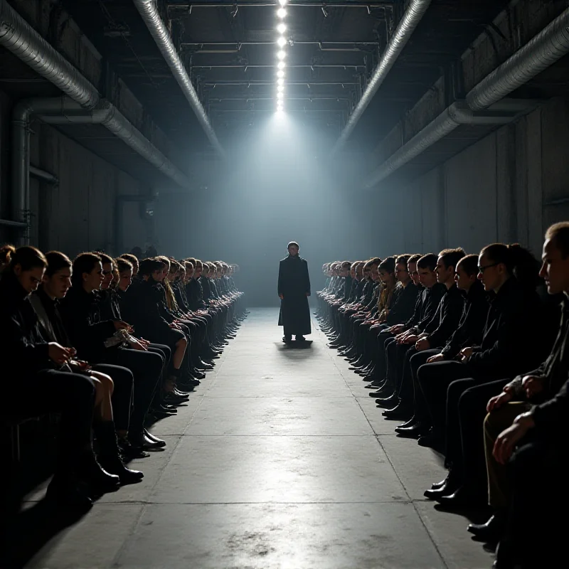 A wide shot of the runway during a Prada show at Milan Fashion Week, capturing the atmosphere and audience.