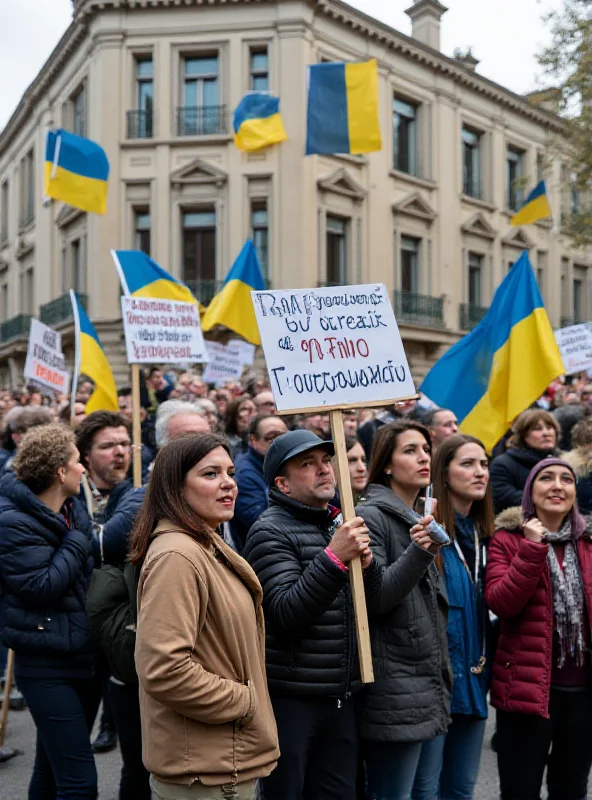 A group of protesters holding Ukrainian flags in front of the US consulate in Milan.