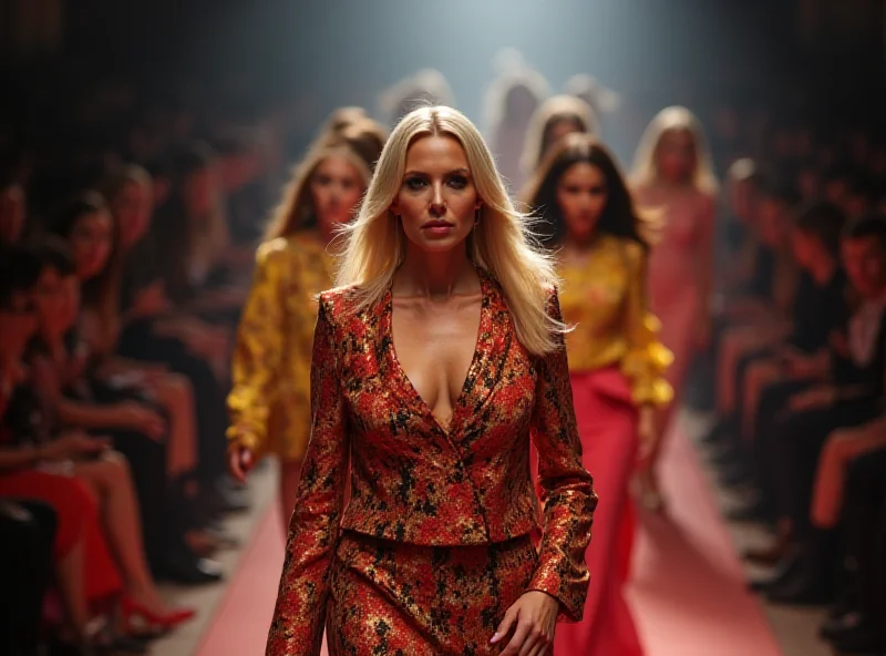 Donatella Versace on the runway at Milan Fashion Week, surrounded by models in Versace designs.