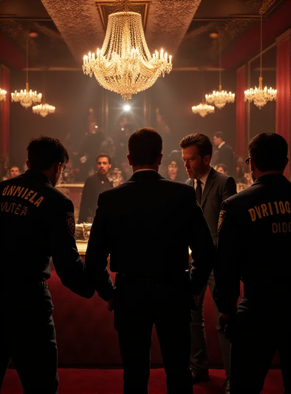 A dramatic scene depicting a luxury bar in Milan, with police officers arresting a man in a suit. There are flashing lights and concerned patrons in the background.