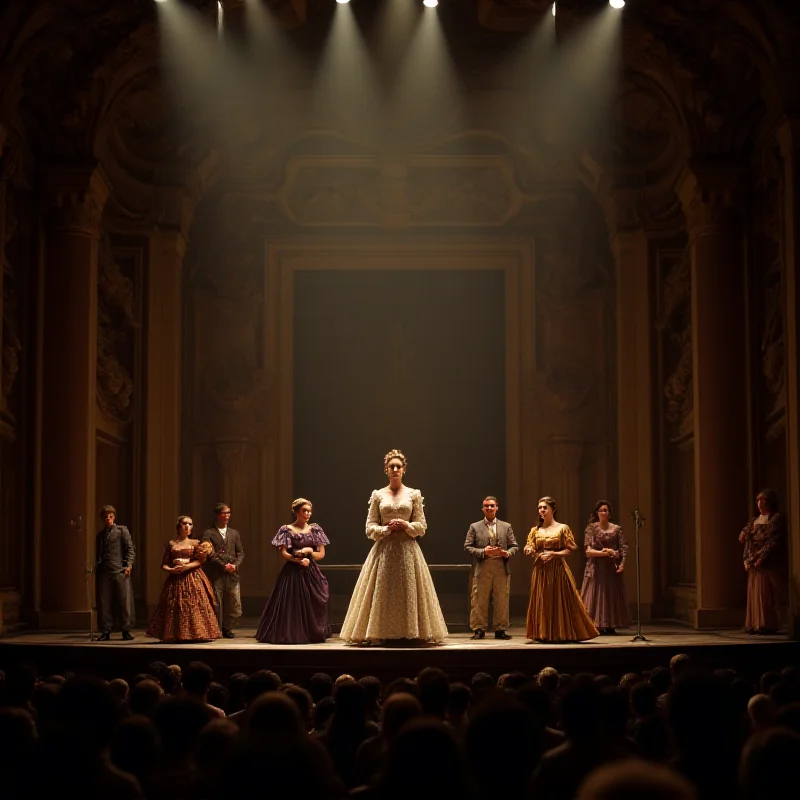 A grand stage at Teatro alla Scala in Milan, with performers in elaborate costumes during a performance of Tosca. The set design is inspired by Giò Ponti's iconic style.