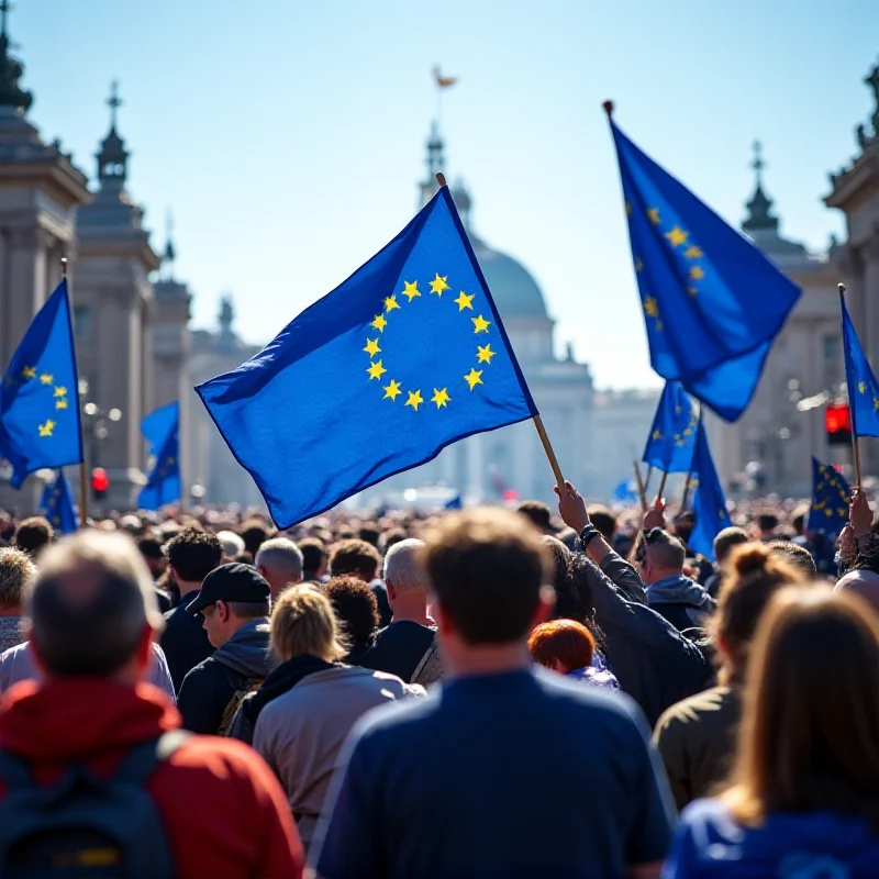 Crowd of people holding European Union flags in a public square, symbolizing unity and support for Europe.