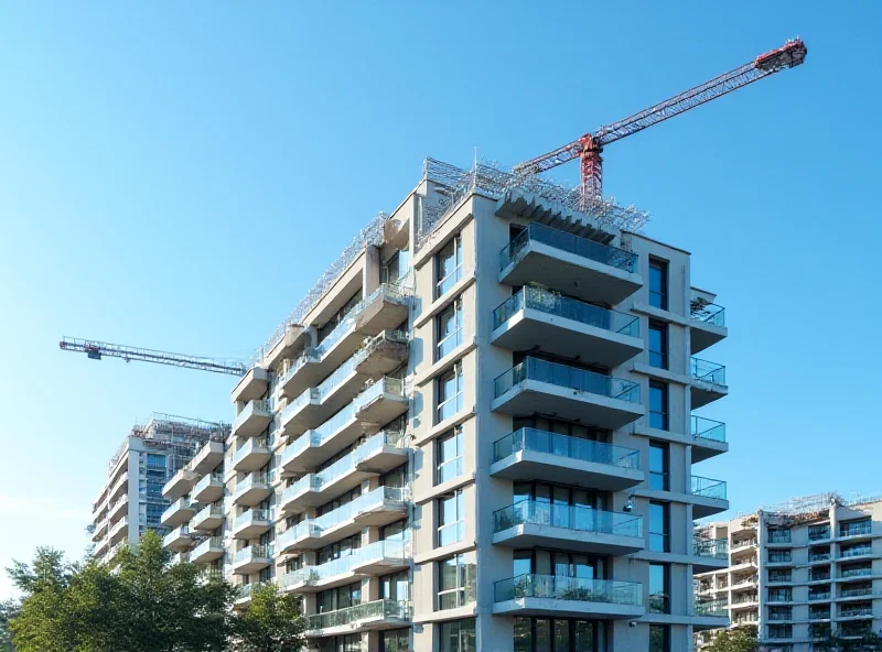 A modern apartment building in Milan with construction cranes in the background.