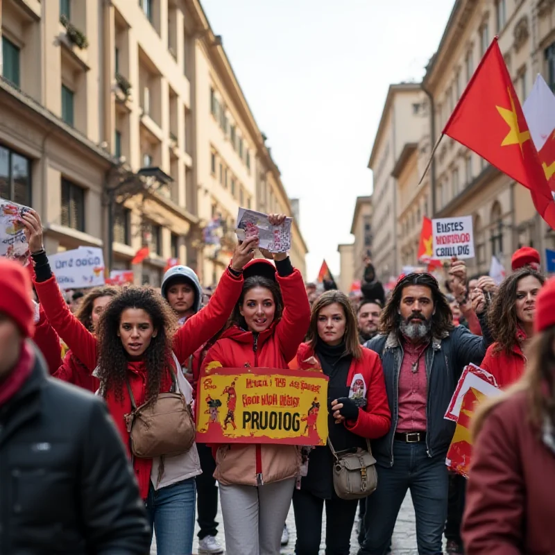 A group of protesters holding signs and banners during a labor rights demonstration in Italy.