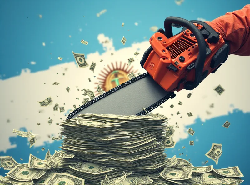 Illustration of a chainsaw cutting through money, symbolizing Milei's austerity policy.