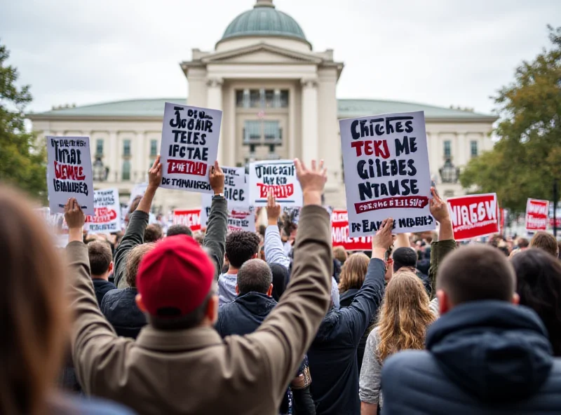 A protest against censorship with people holding signs and banners