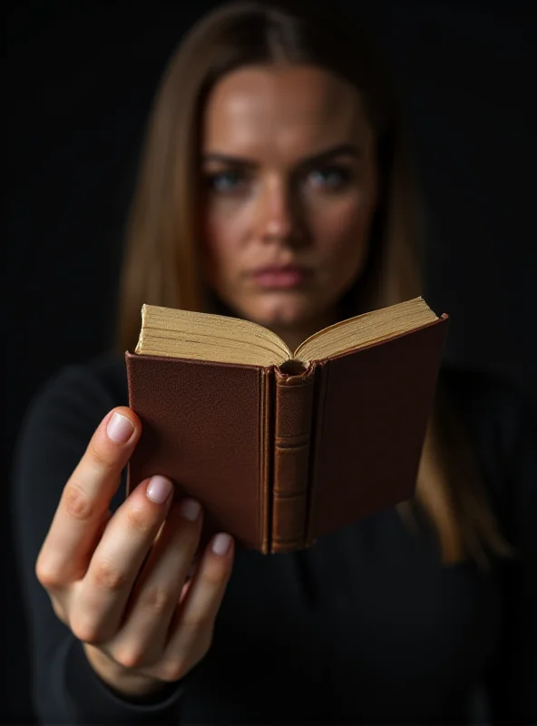 A close up shot of a hand holding a book with a determined expression