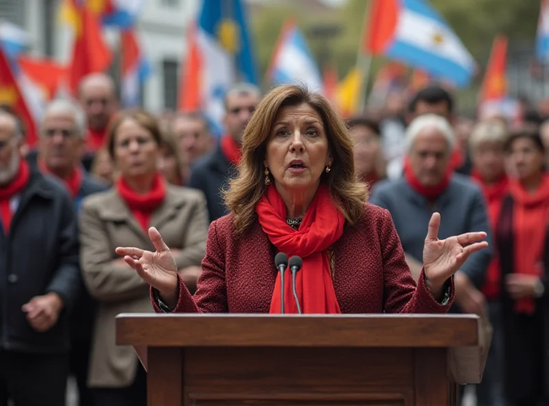 Yolanda Díaz speaking at a podium in Buenos Aires, with Peronist union members surrounding her. She is gesturing emphatically with her hands.