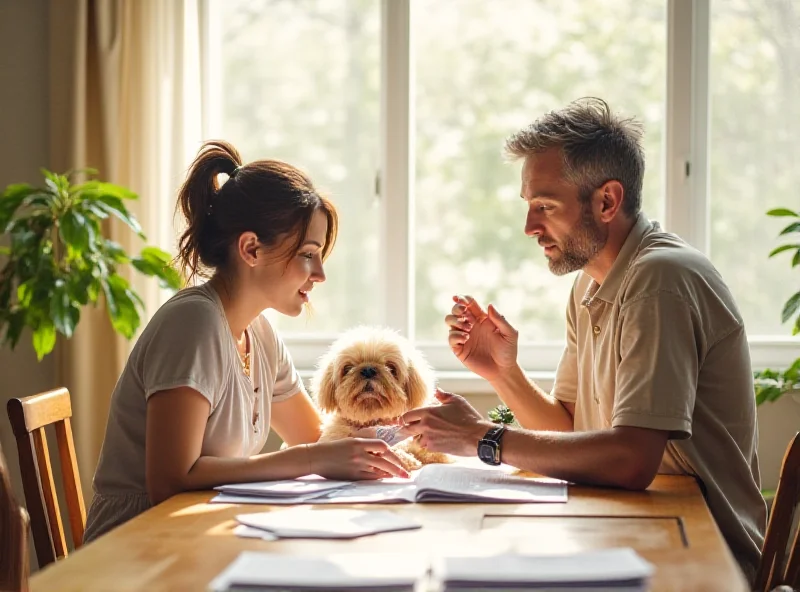 A young couple looking at financial documents in their home, smiling and optimistic.