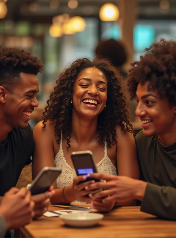 A group of diverse young adults laughing and looking at a phone displaying a BuzzFeed quiz result.