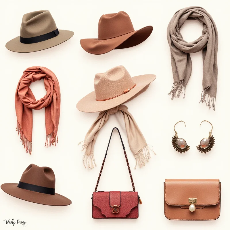 Collage of various fashion accessories like scarves, hats, jewelry, and bags.