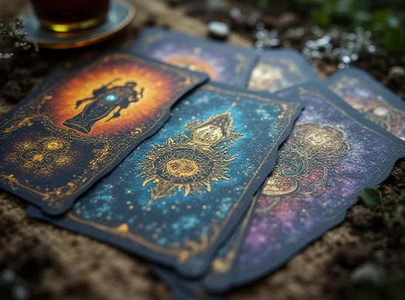 A close-up photo of oracle cards with mystical symbols and imagery, possibly laid out in a reading spread.