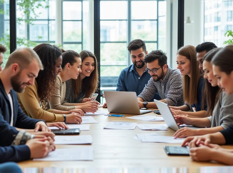 A diverse group of young professionals working collaboratively in a modern office setting.