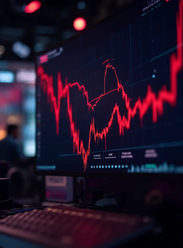 A downward trending stock market graph displayed on a large monitor in a financial news studio.
