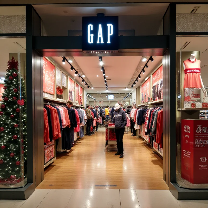 A brightly lit Gap store showcasing the latest clothing collection with mannequins and vibrant displays.