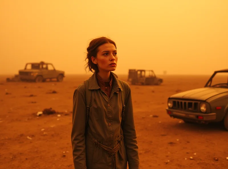 Millie Bobby Brown as Michelle in 'The Electric State', standing amidst a desolate, robot-filled landscape.