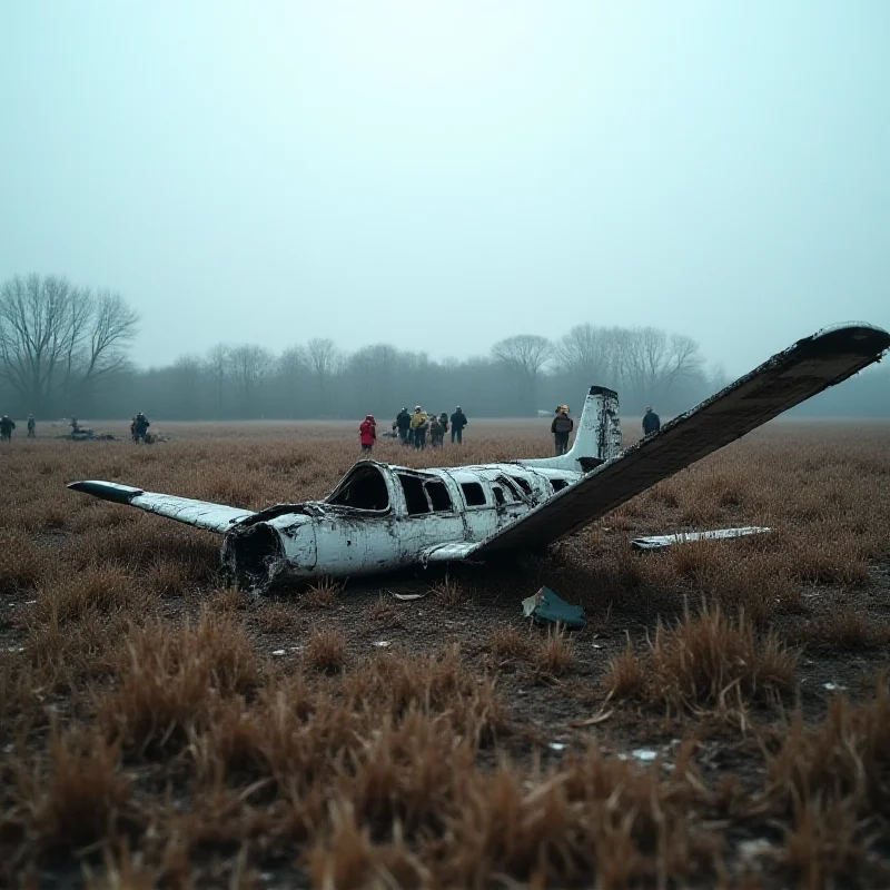 A somber image depicting the wreckage of a small airplane in a field.