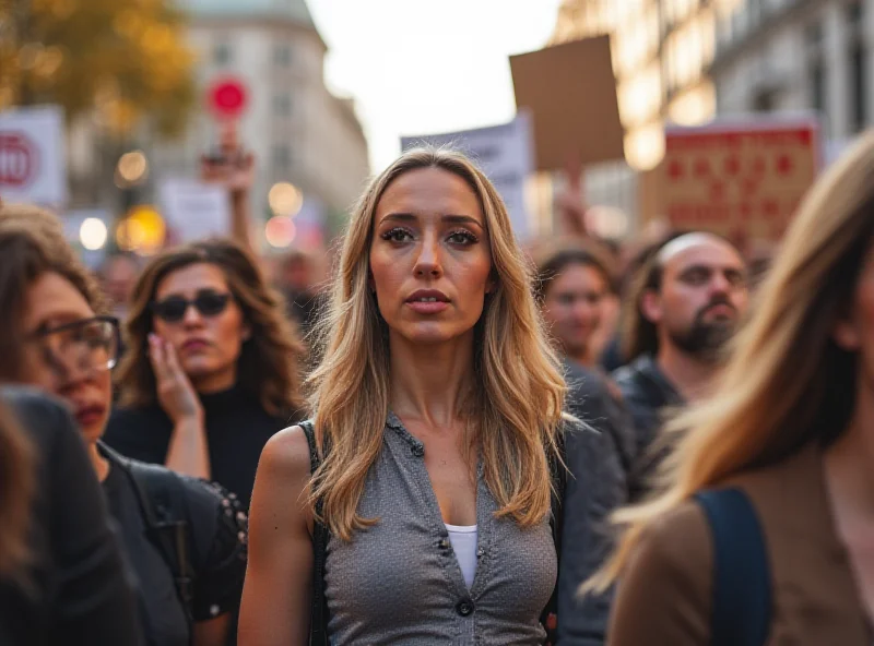 A diverse group of people marching in a political protest, holding signs and banners, with a sense of determination.