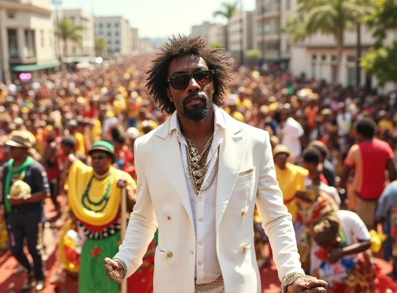 Milton Nascimento in a white suit at the carnival parade in Rio de Janeiro