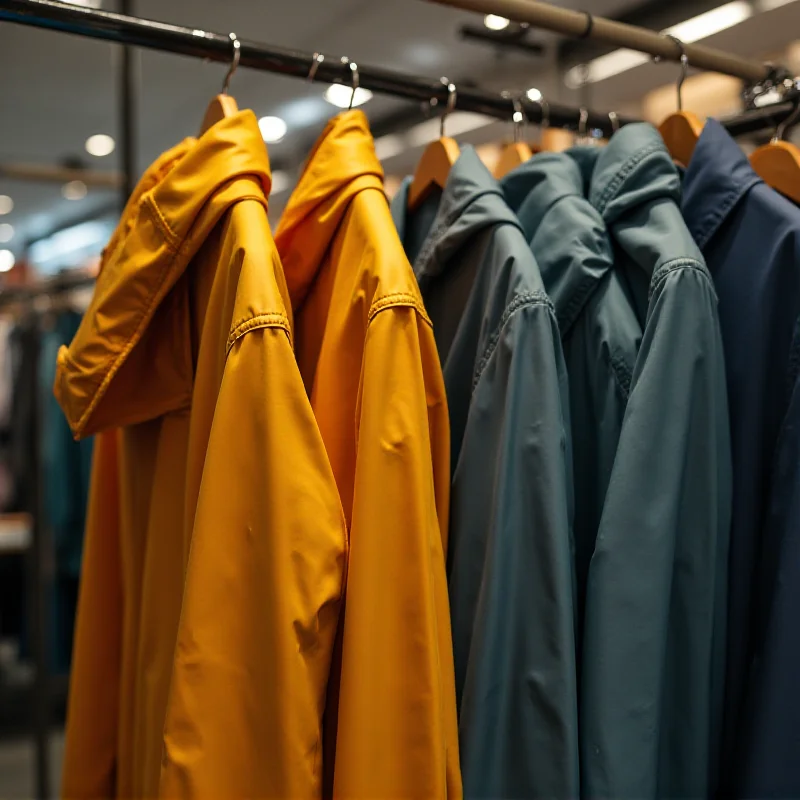 A close-up shot of different styles and colors of men's raincoats hanging on a rack.