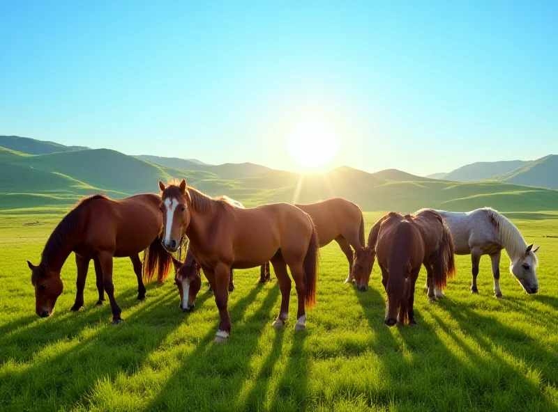 A group of majestic horses grazing in a lush green pasture with rolling hills in the background under a bright blue sky. The scene evokes a sense of freedom and natural beauty.