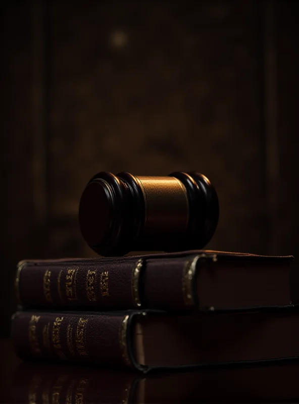 A gavel resting on a stack of legal books in a dimly lit courtroom, creating a sense of justice and legal proceedings. The background is blurred, focusing attention on the gavel and books in the foreground.