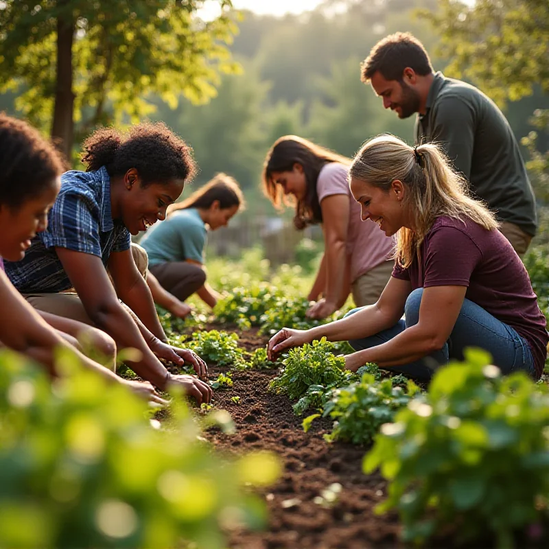 A diverse group of people working together in a community garden, planting seeds and tending to plants. The scene depicts a collaborative effort towards preserving nature and fostering community spirit.