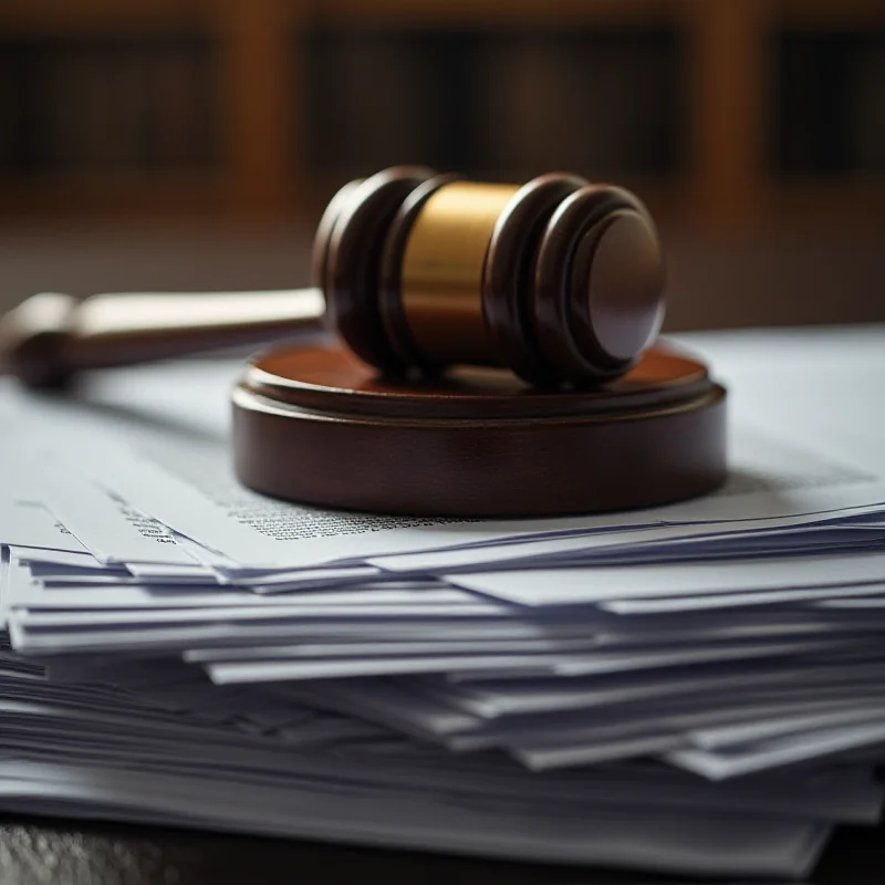 Close-up of a gavel resting on a stack of legal documents, symbolizing justice and accountability.