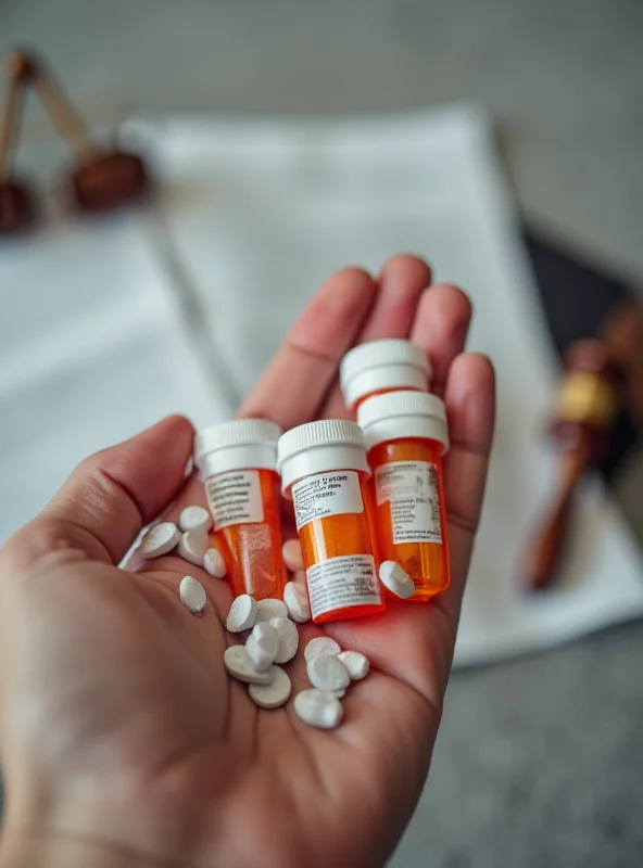 Close-up image of a hand holding prescription medication bottles, with a blurred background of legal documents and a gavel, symbolizing the conflict between healthcare needs and legal regulations.