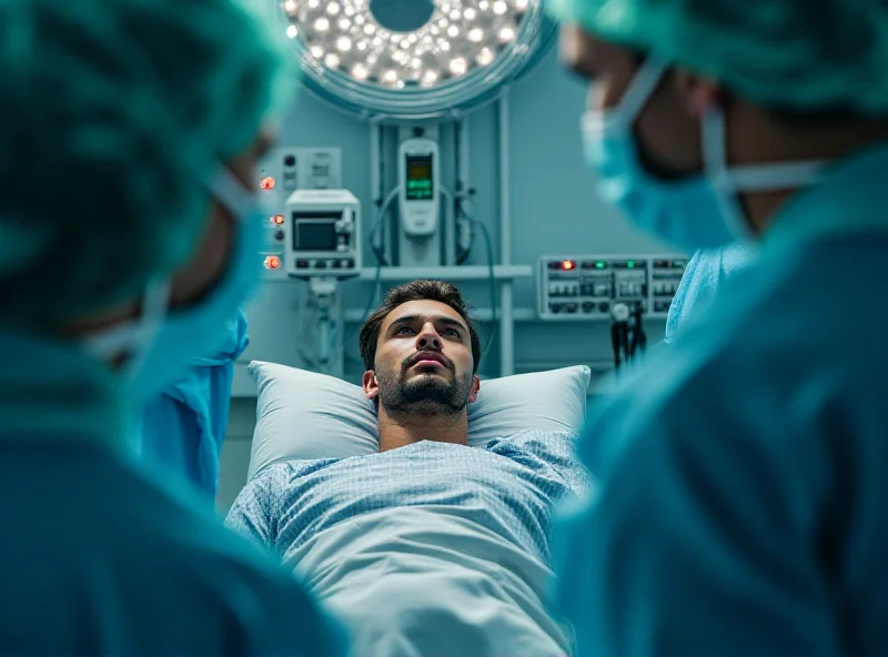 A young soccer player in a hospital bed, looking determined, with medical staff attending to him.