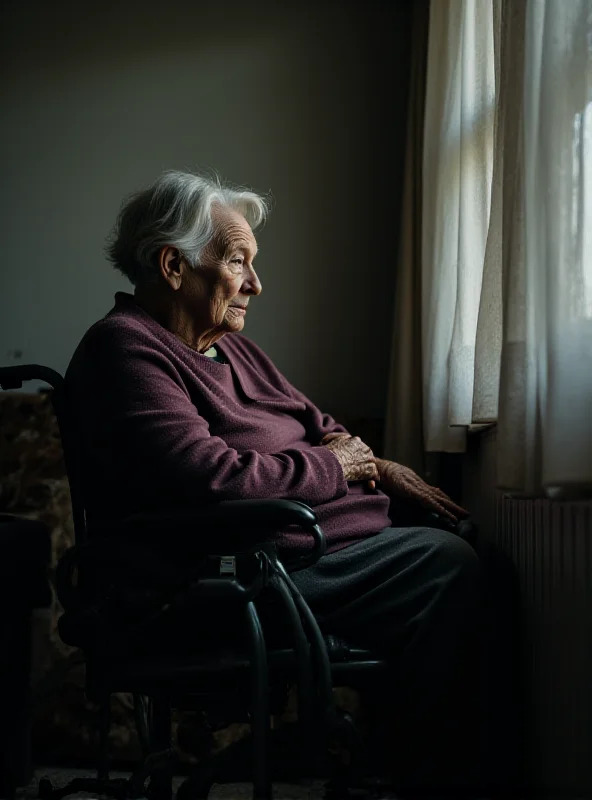 A concerned elderly woman sitting in a wheelchair in a dimly lit care home, looking out the window.