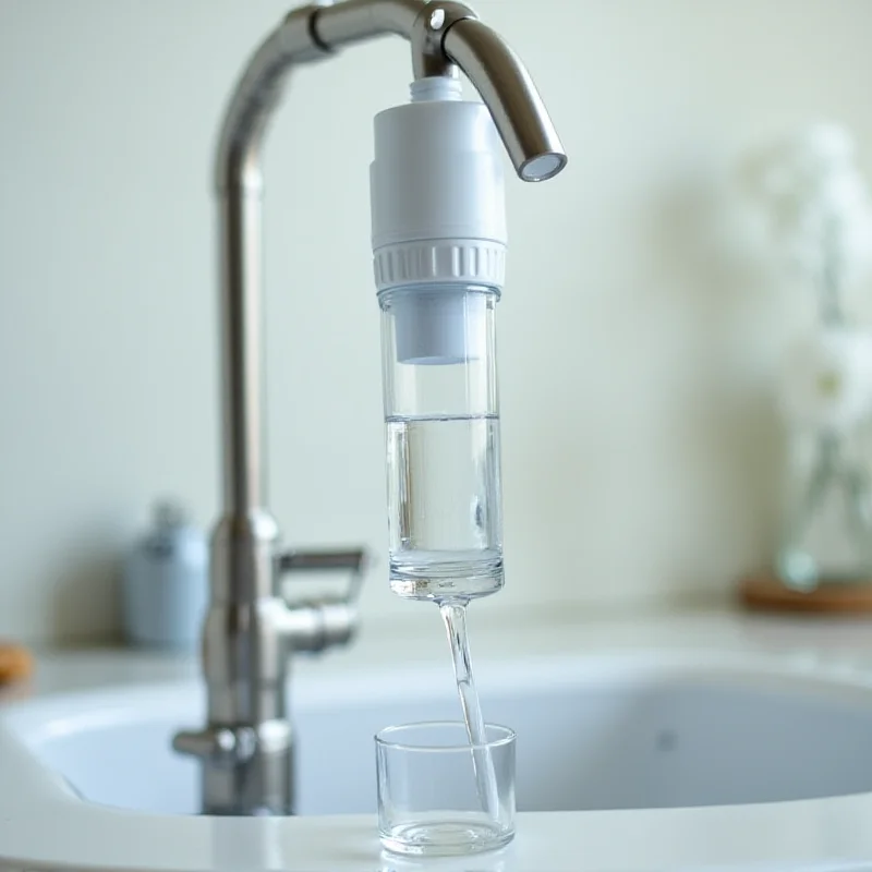 Close-up of a water filter attached to a kitchen faucet, with a glass of clear water being filled.