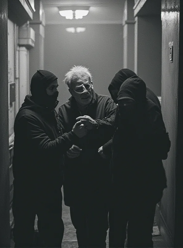 A haunting, grainy CCTV image of a group of teenagers surrounding an elderly man