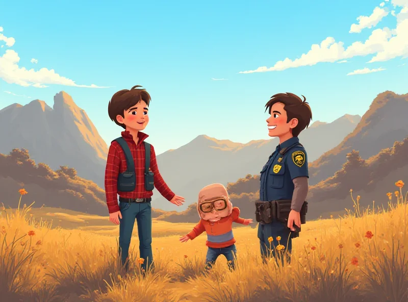 Illustration of a happy reunion between a teenage boy and a police officer in a sunny Colorado landscape.