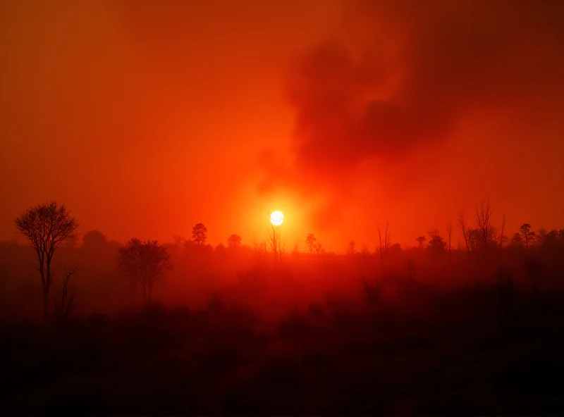 Dramatic image of a wildfire raging across a dry landscape, with smoke filling the sky. The sun is setting, casting a fiery glow over the scene.