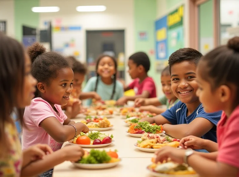 A diverse group of elementary school children eating lunch together in a bright and cheerful cafeteria.