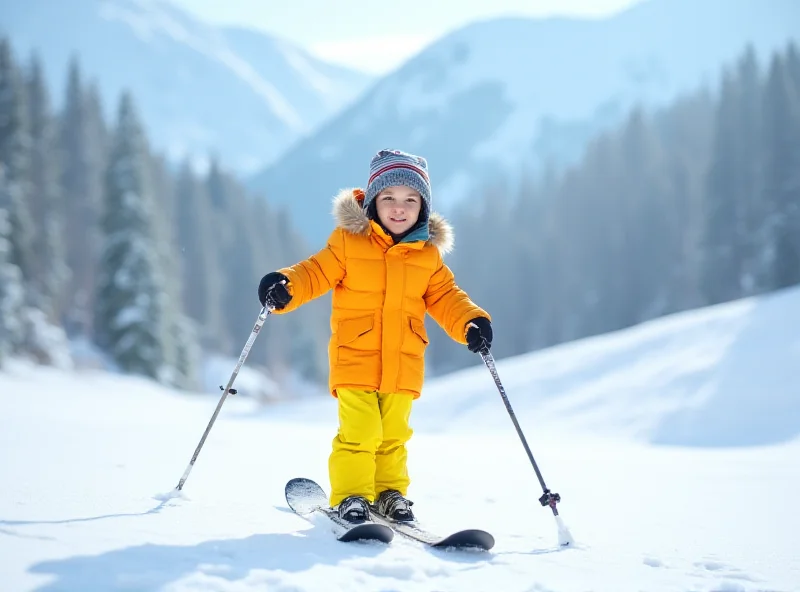 A young child wearing a bright colored ski suit and skis, standing in the snow on a sunny day with a blurred background of snow-covered mountains and pine trees.