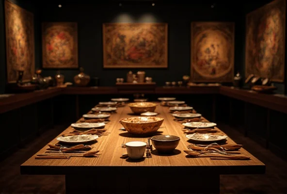 A dimly lit museum exhibit showcasing a medieval dining table set with simple pottery and wooden utensils. Background features tapestries and artifacts related to food preparation.