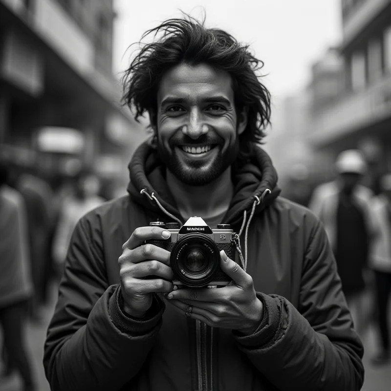 A black and white portrait of Vicky Roy, a photographer, holding a camera and smiling. The background is blurred and suggests a busy street scene in India.