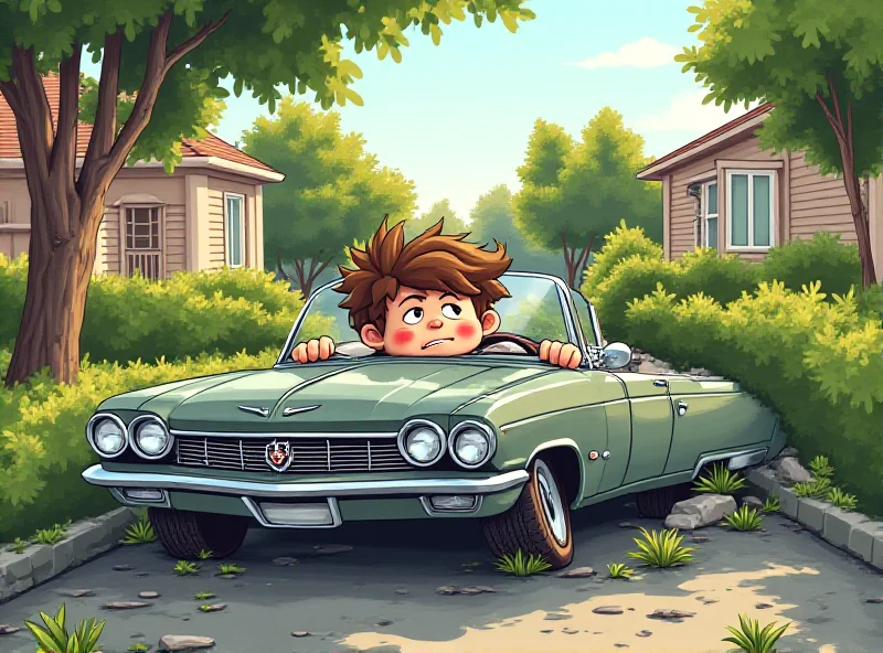 Illustration of an eleven-year-old boy behind the wheel of a car, looking slightly panicked as the car crashes into a bush. Suburban street background.