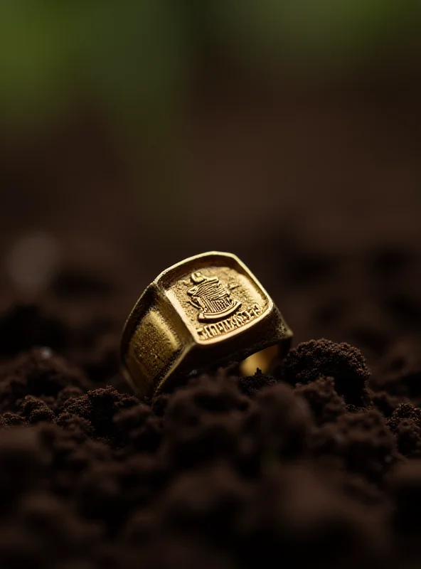 Close-up photo of a slightly tarnished graduation ring lying on top of freshly dug garden soil. The ring has a school emblem and the year '1980' engraved on it.