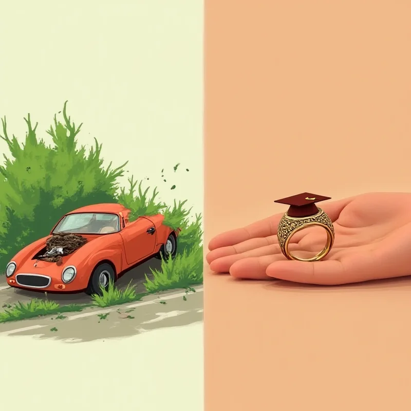 A split image. On the left, a cartoon depiction of a car crashing into a bush. On the right, a shiny graduation ring lying in a hand.