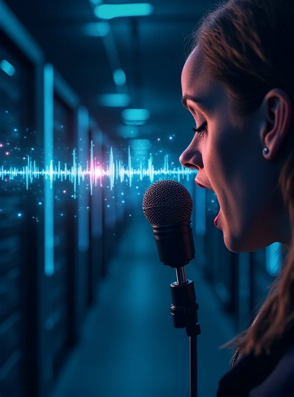 A person speaking into a microphone, with abstract digital waveforms visualizing their voice being processed by an AI system.