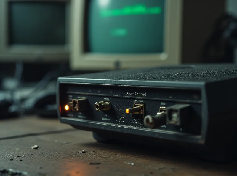 A close-up image of an old 56k modem, with various ports and lights, set against a blurred background of vintage computer equipment.