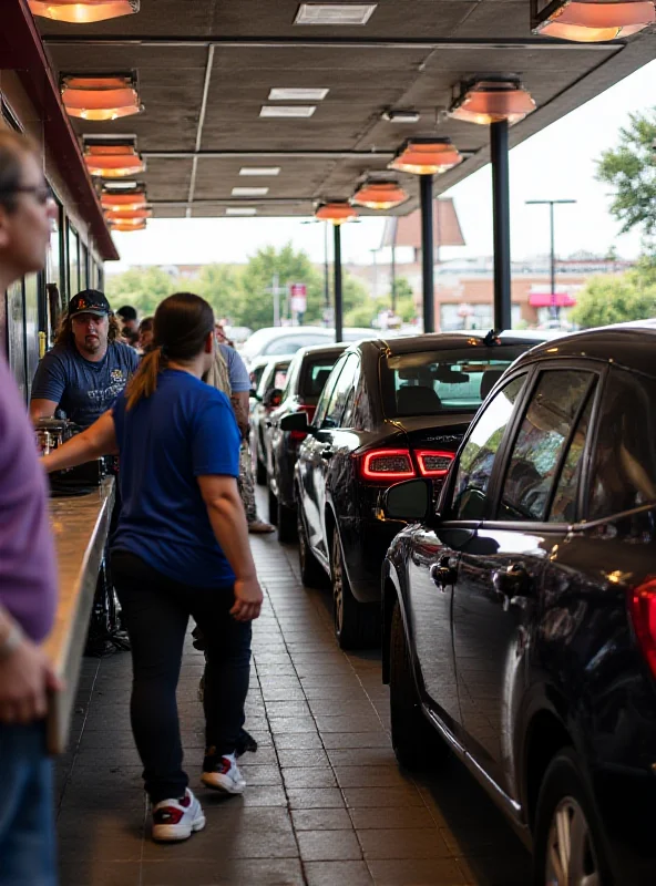 Busy Dutch Bros drive-thru location with multiple cars lined up, showcasing its popularity and efficient service.