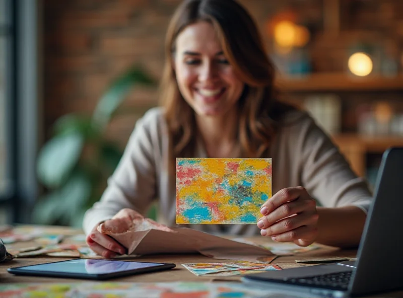 A person holding a colorful direct mail piece with a smile, surrounded by digital devices like laptops and smartphones, subtly indicating the integration of traditional and modern marketing strategies.